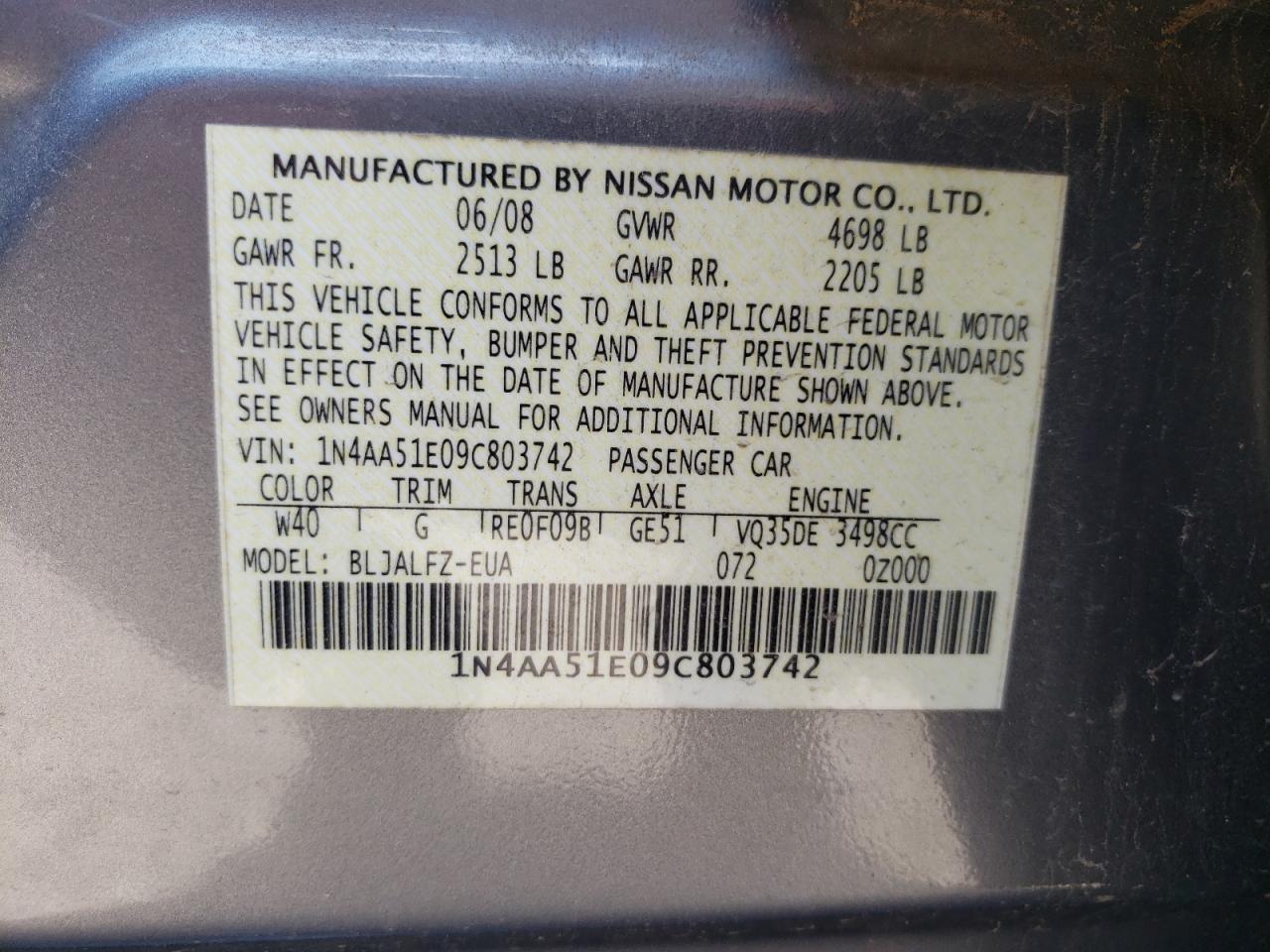 Photo 10 from auction – 2009 NISSAN MAXIMA S with VIN 1N4AA51E09C803742