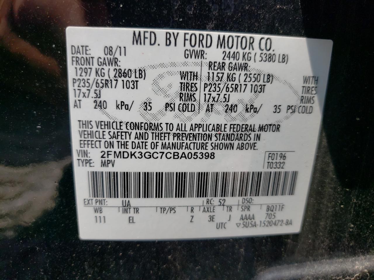 Photo 10 from auction – 2012 FORD EDGE SE with VIN 2FMDK3GC7CBA05398