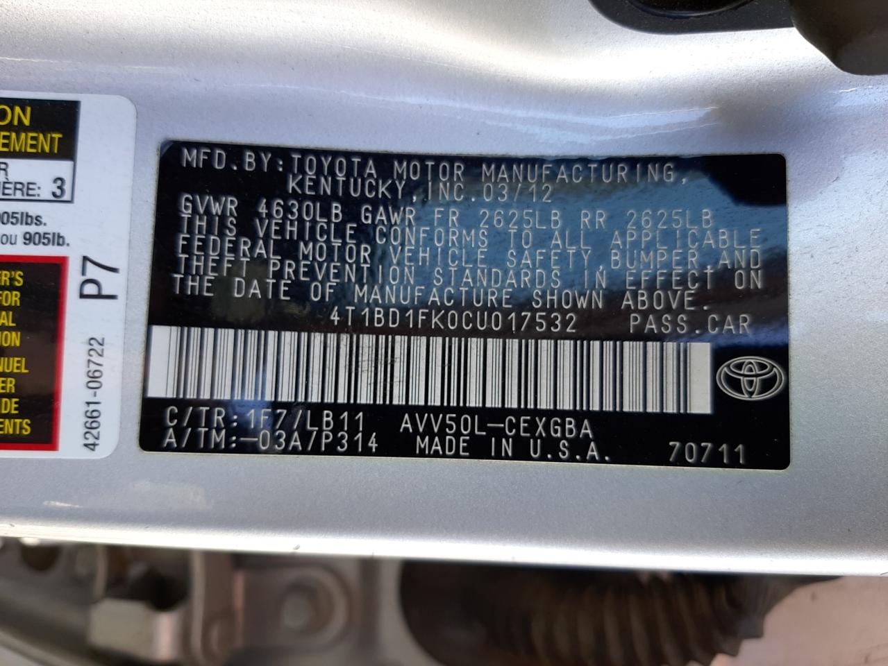 Photo 10 from auction – 2012 TOYOTA CAMRY HYBR with VIN 4T1BD1FK0CU017532