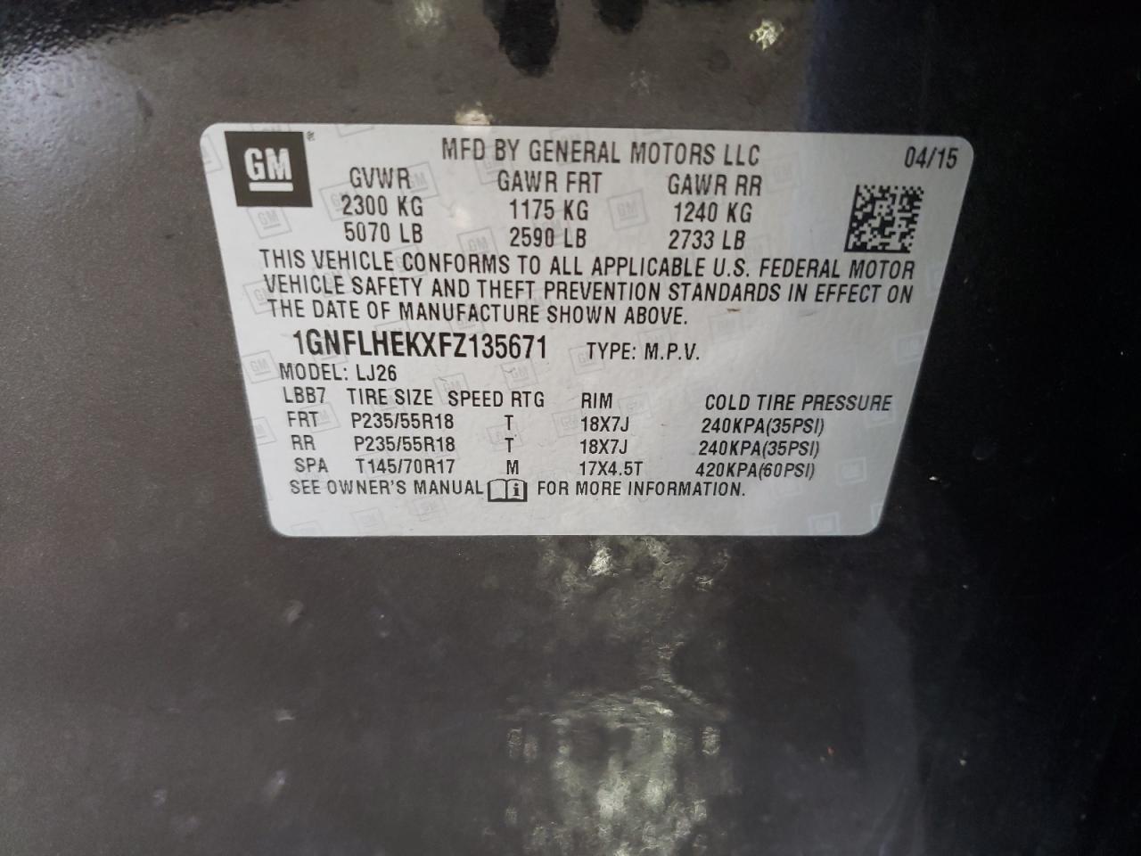 Photo 10 from auction – 2015 CHEVROLET EQUINOX LT with VIN 1GNFLHEKXFZ135671