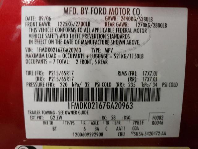 Photo 10 from auction – 2007 FORD FREESTYLE with VIN 1FMDK02167GA20963
