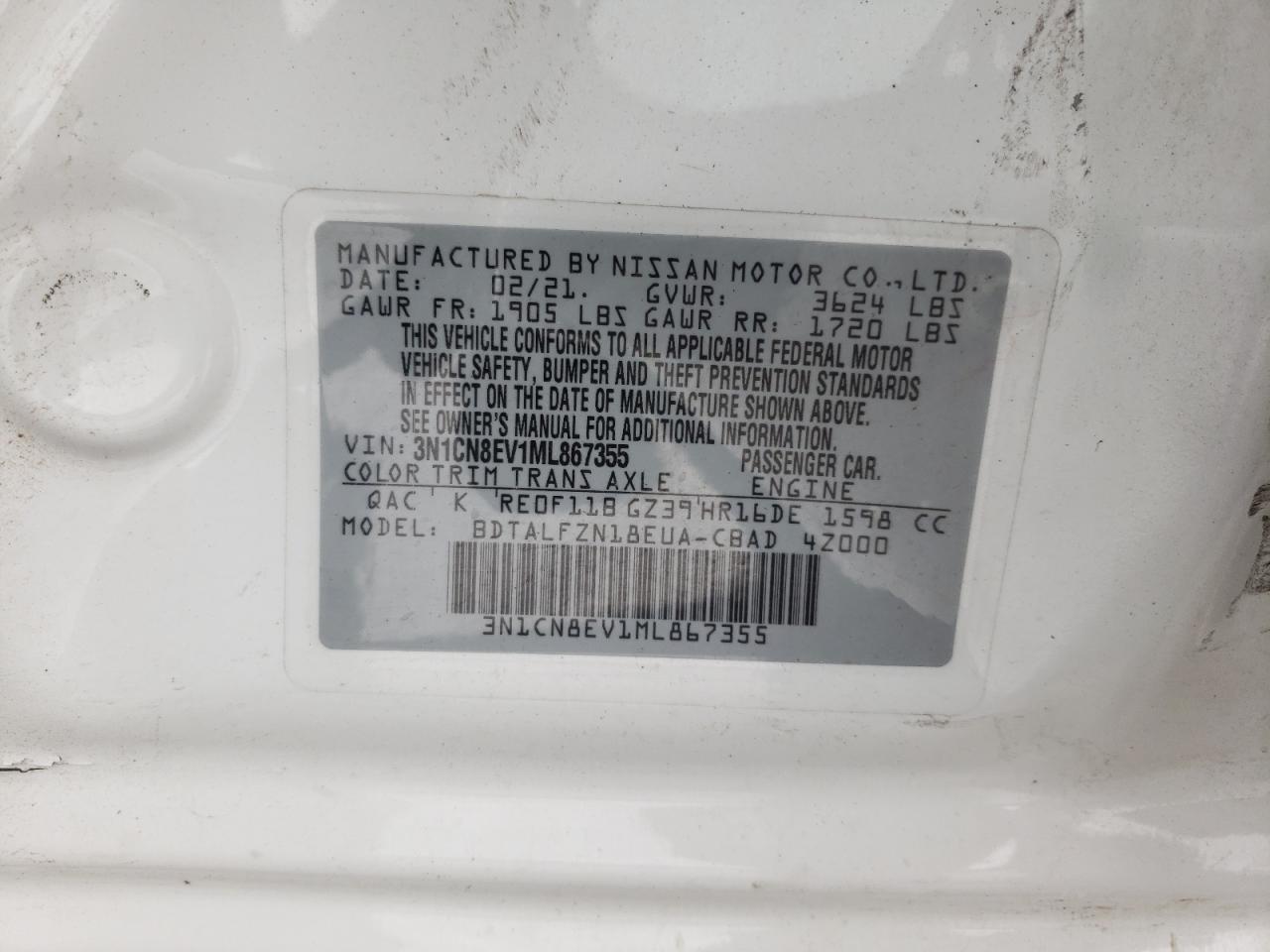 Photo 10 from auction – 2021 NISSAN VERSA SV with VIN 3N1CN8EV1ML867355