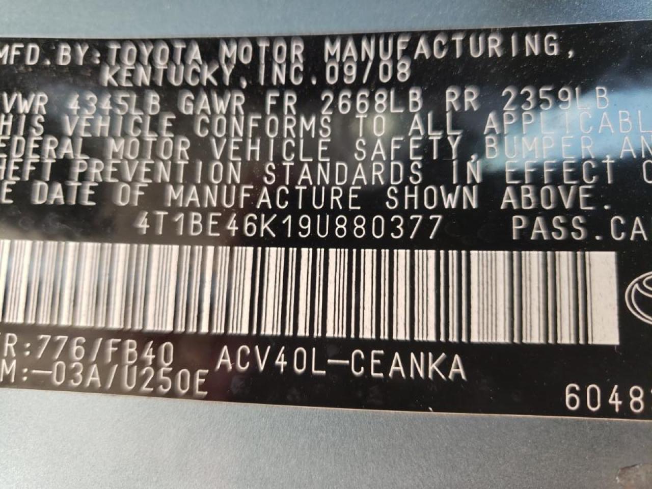 Photo 10 from auction – 2009 TOYOTA CAMRY BASE with VIN 4T1BE46K19U880377