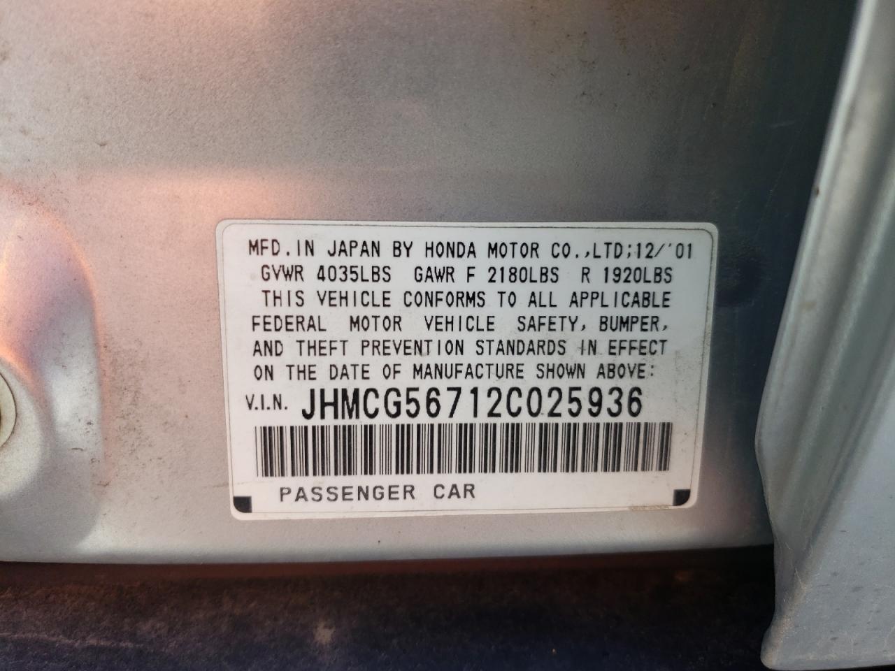 Photo 10 from auction – 2002 HONDA ACCORD with VIN JHMCG56712C025936
