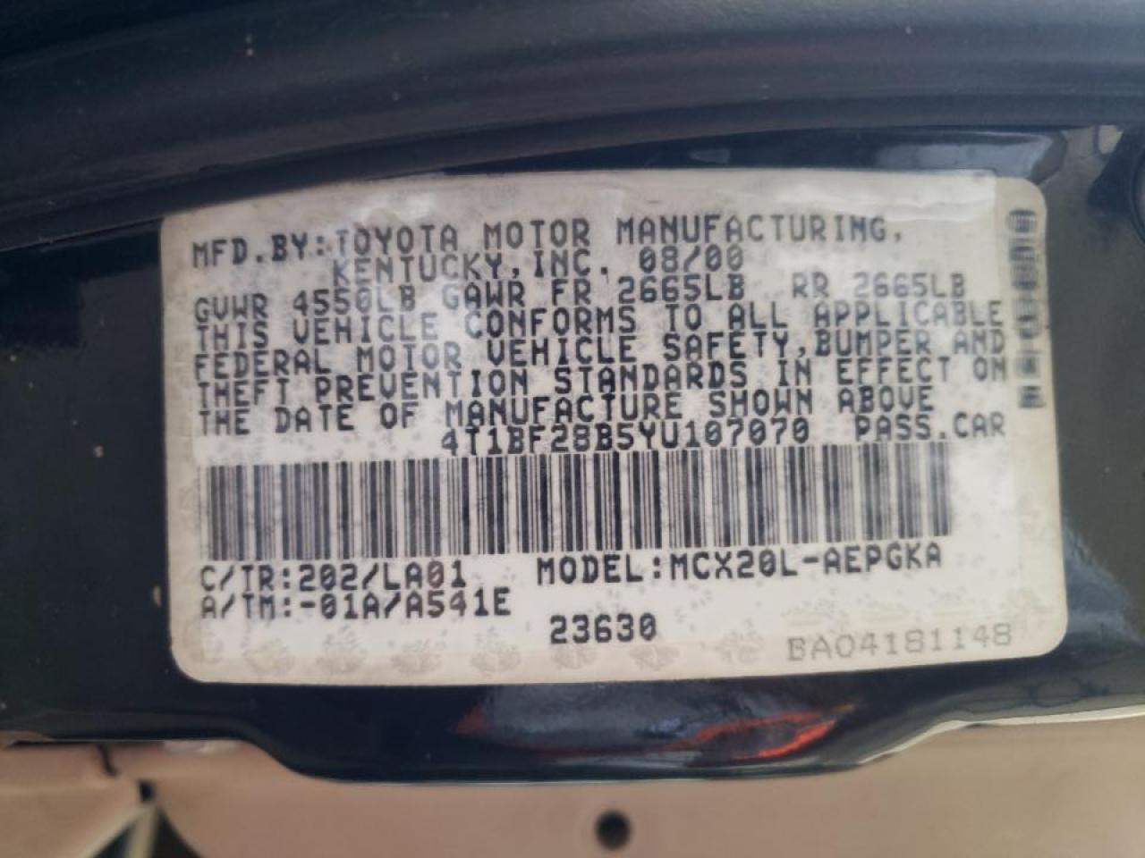 Photo 10 from auction – 2000 TOYOTA AVALON XL with VIN 4T1BF28B5YU107070