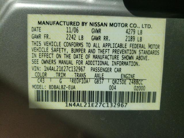 Photo 10 from auction – 2007 NISSAN ALTIMA 2.5 with VIN 1N4AL21E27C132967