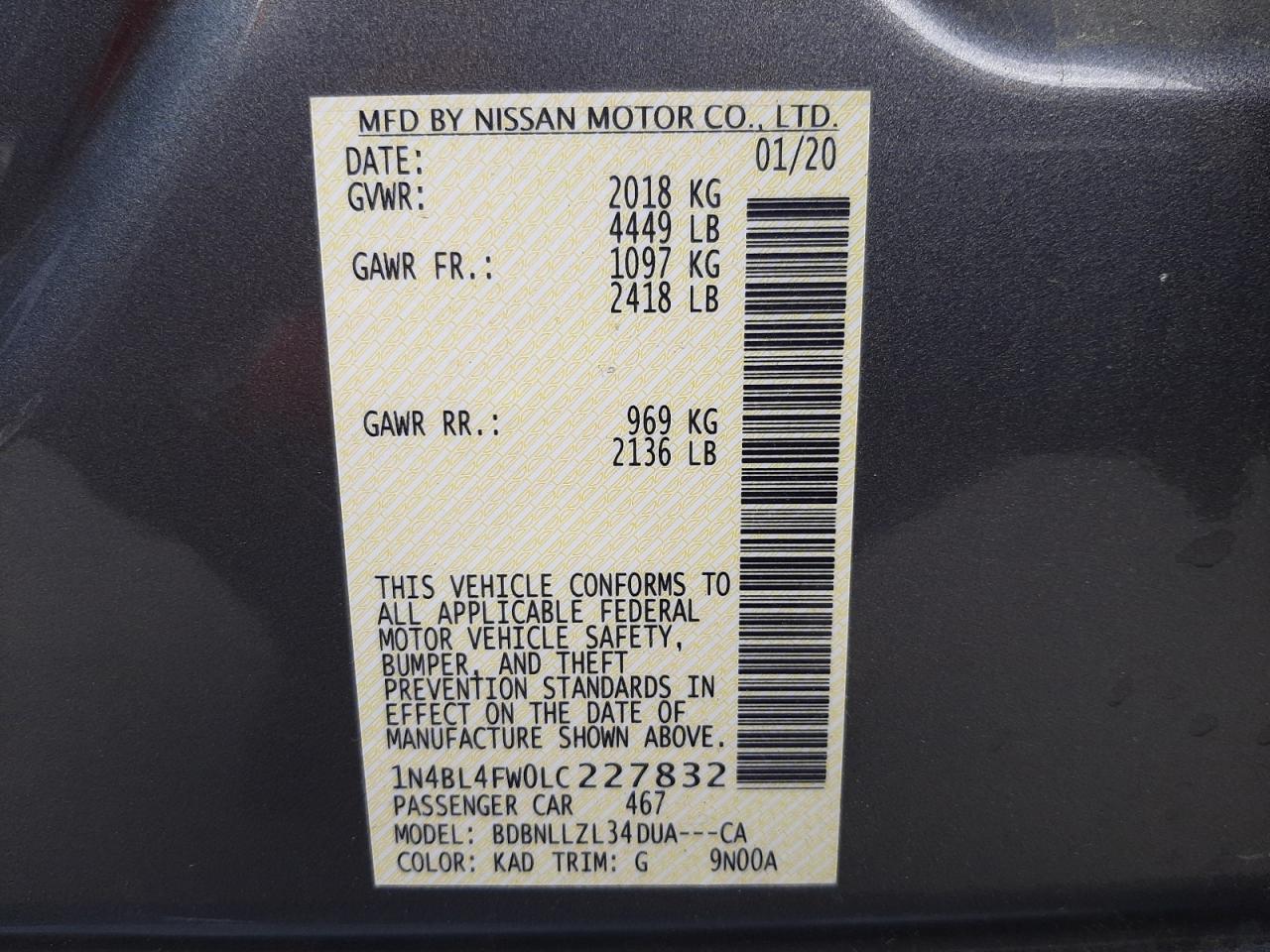 Photo 10 from auction – 2020 NISSAN ALTIMA PLA with VIN 1N4BL4FW0LC227832