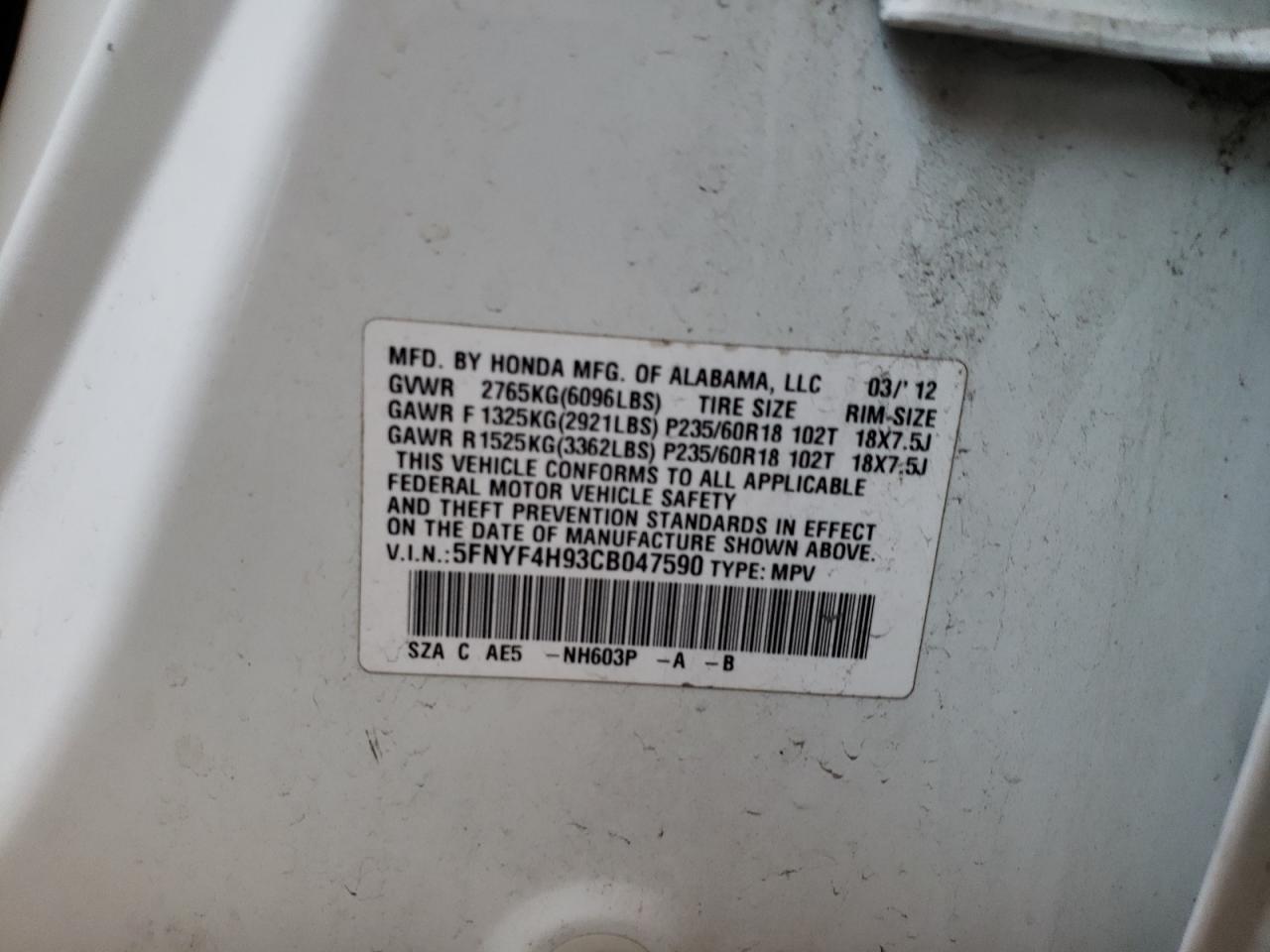 Zdjęcie 10 z aukcji – 2012 HONDA PILOT TOUR z VIN 5FNYF4H93CB047590