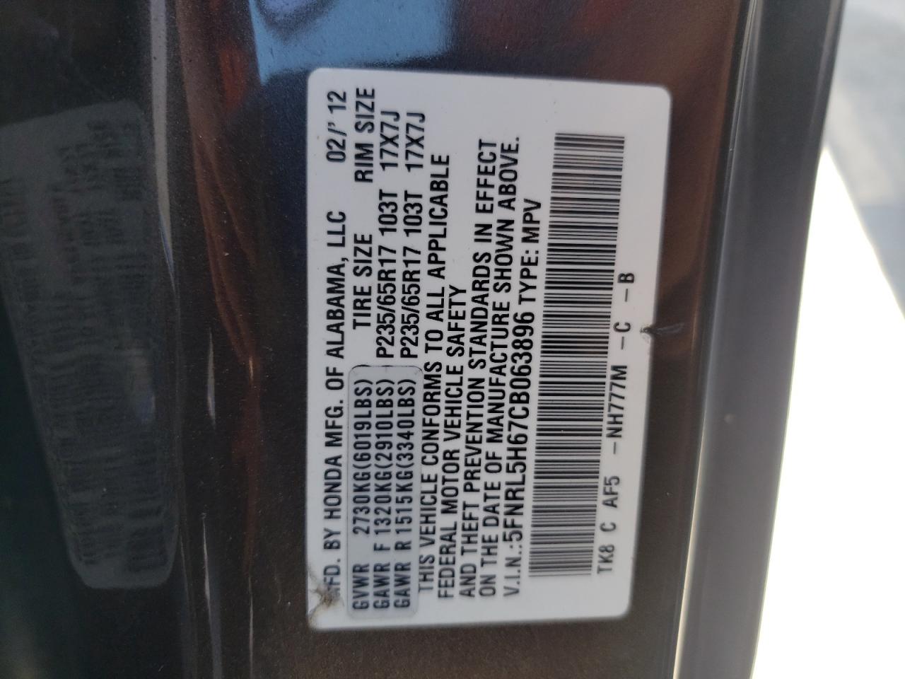 Photo 10 from auction – 2012 HONDA ODYSSEY EX with VIN 5FNRL5H67CB063896
