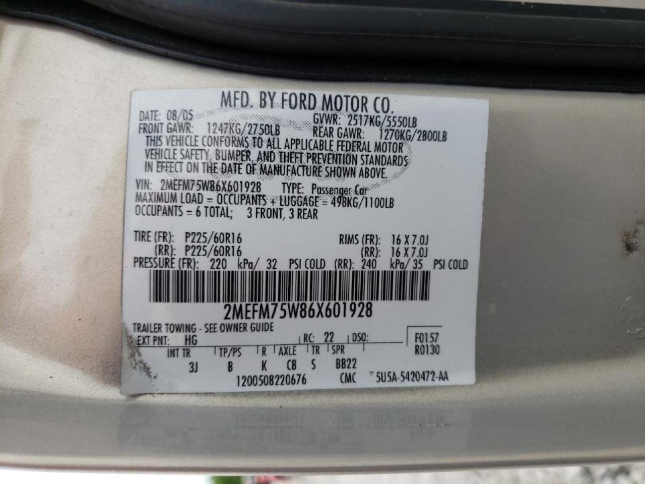 Photo 10 from auction – 2006 MERCURY GRAND MARQ with VIN 2MEFM75W86X601928