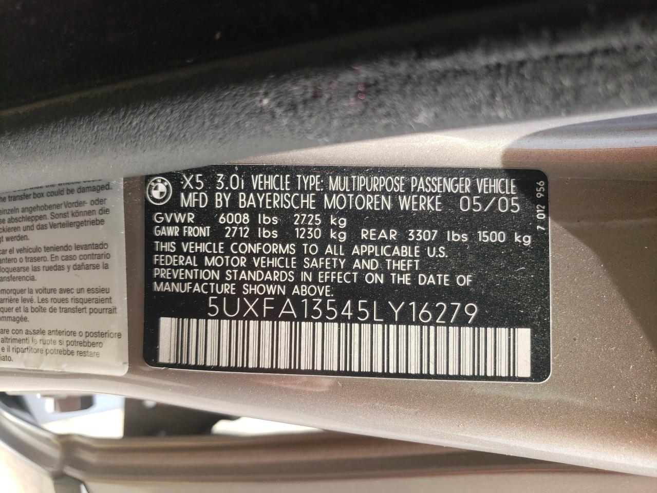 Photo 10 from auction – 2005 BMW X5 3.0I with VIN 5UXFA13545LY16279