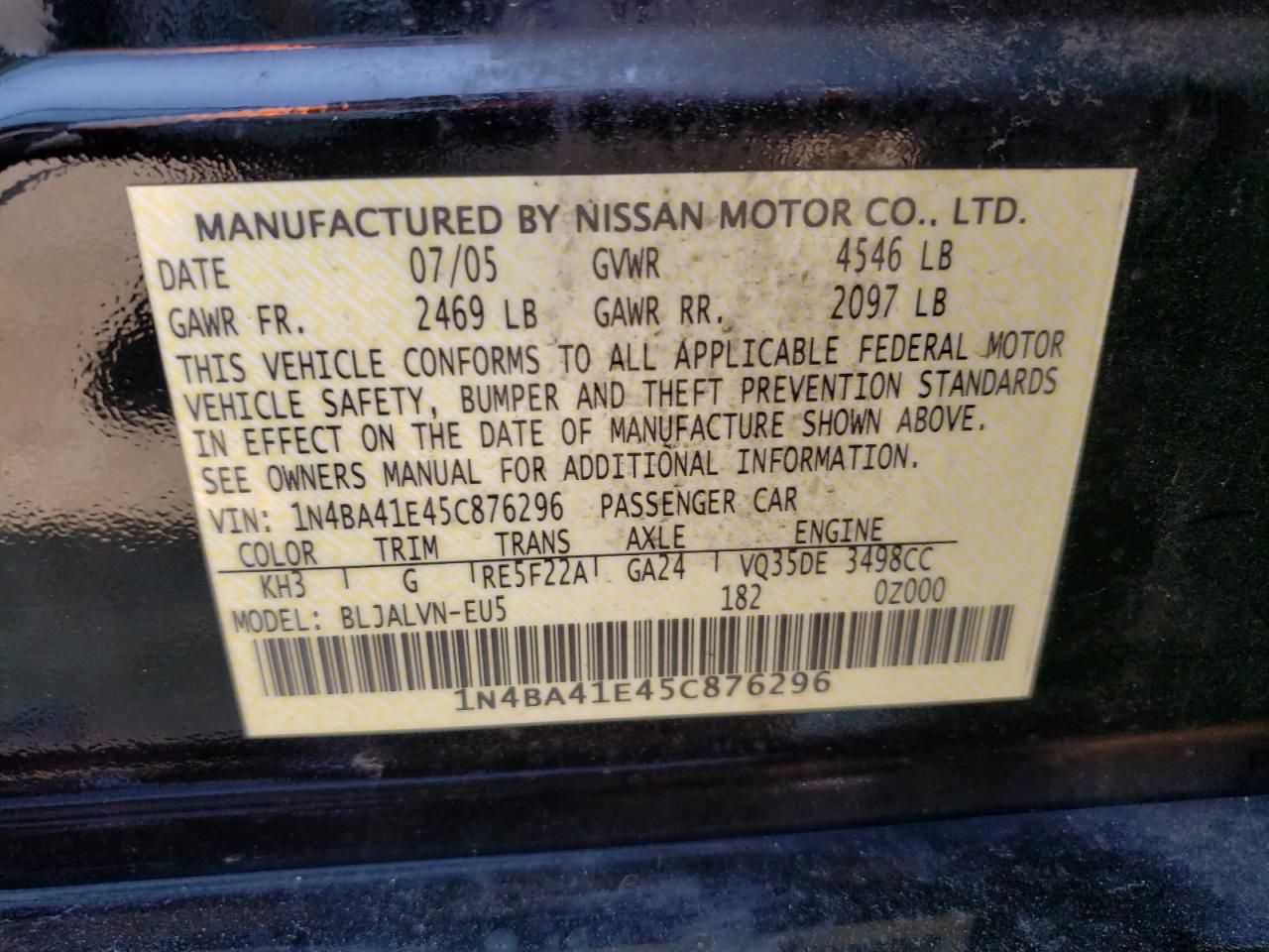 Photo 10 from auction – 2005 NISSAN MAXIMA SE with VIN 1N4BA41E45C876296