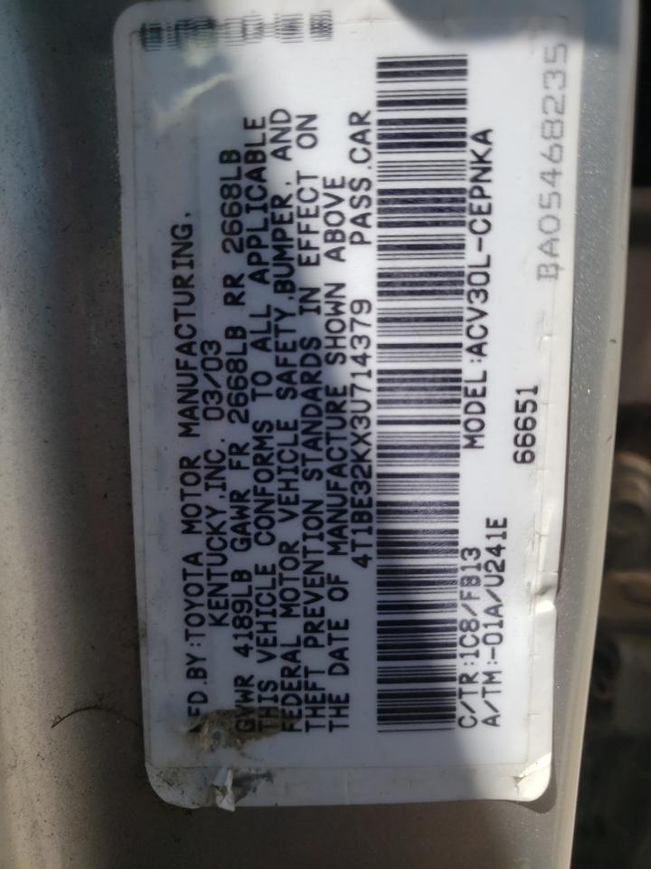 Photo 10 from auction – 2003 TOYOTA CAMRY LE with VIN 4T1BE32KX3U714379