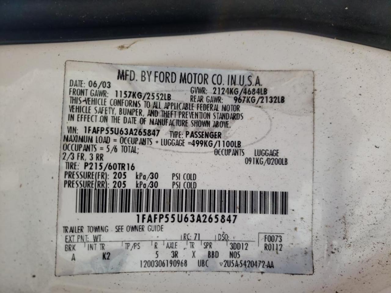 Photo 10 from auction – 2003 FORD TAURUS with VIN 1FAFP55U63A265847
