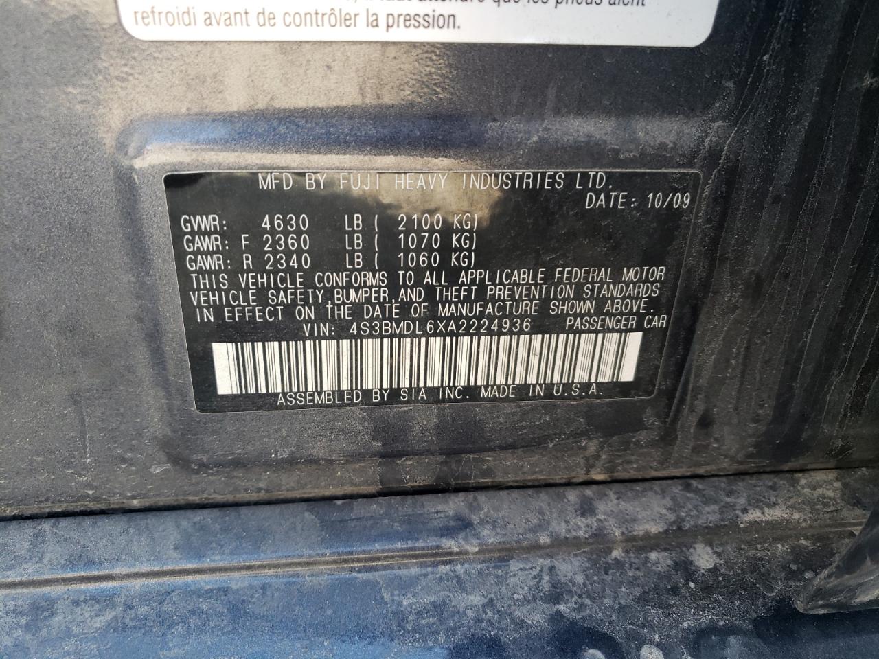 Photo 10 from auction – 2010 SUBARU LEGACY 3.6 with VIN 4S3BMDL6XA2224936