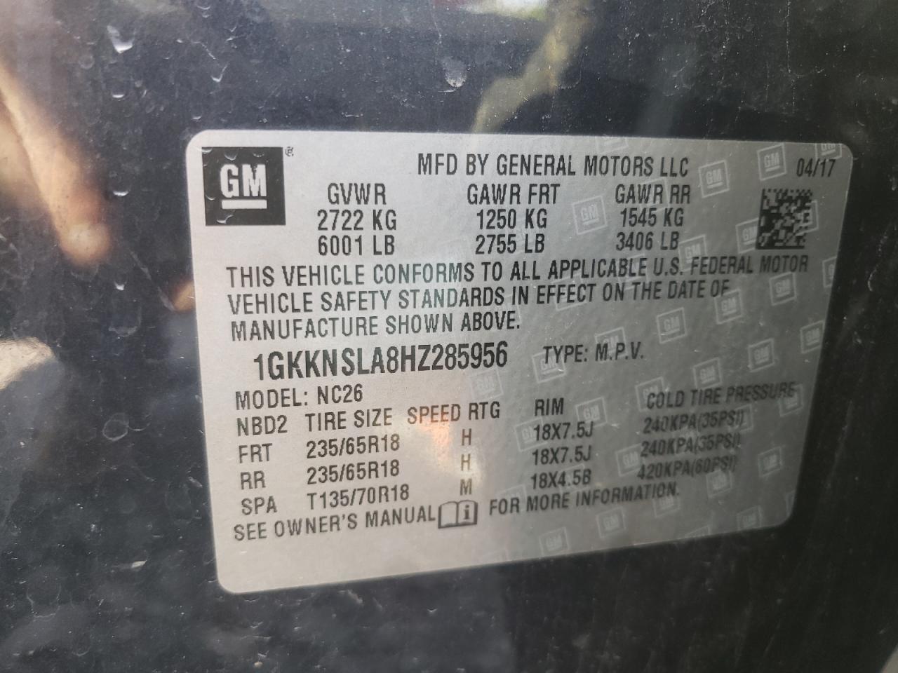 Photo 10 from auction – 2017 GMC ACADIA SLE with VIN 1GKKNSLA8HZ285956
