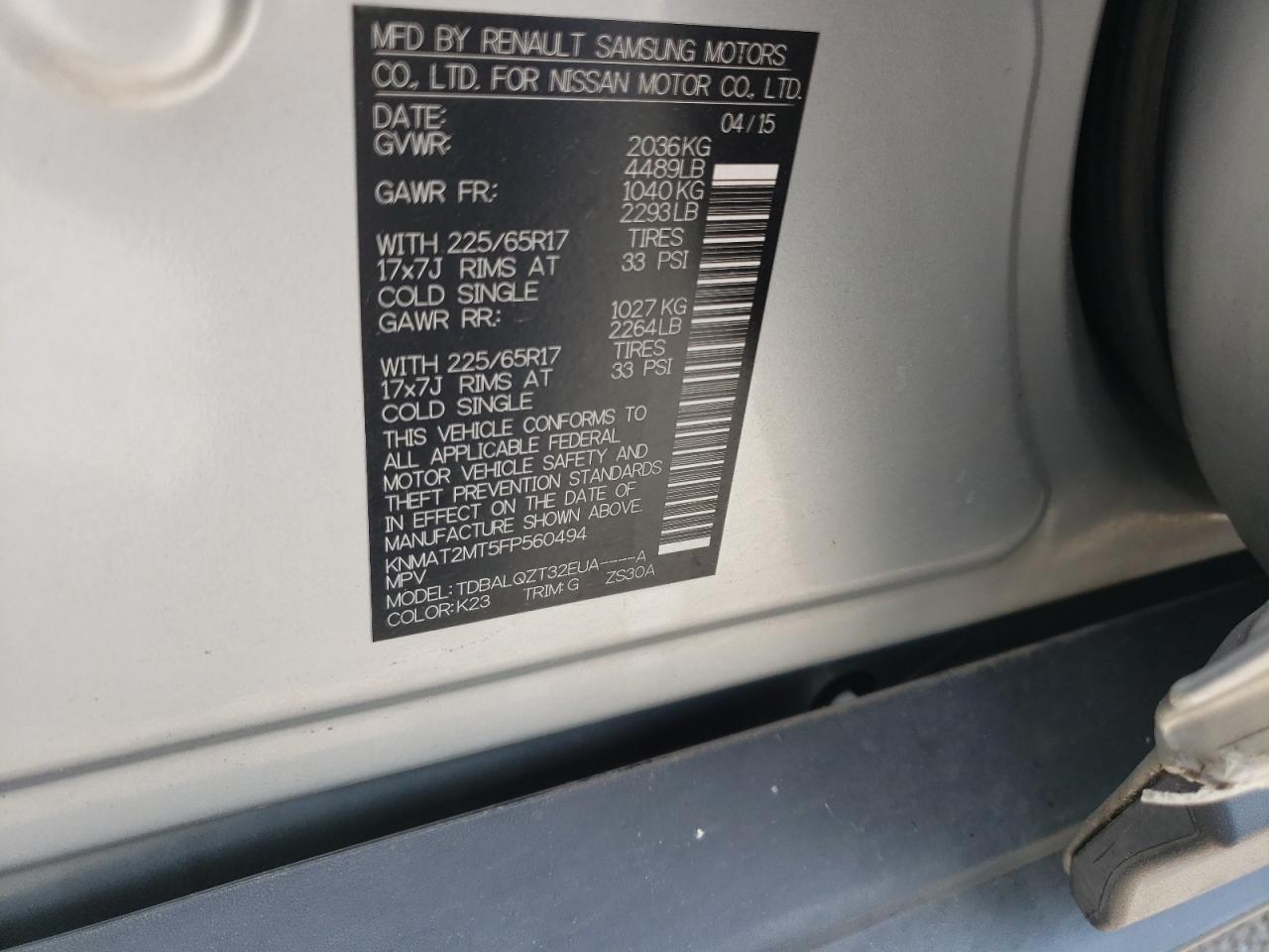 Photo 10 from auction – 2015 NISSAN ROGUE S with VIN KNMAT2MT5FP560494