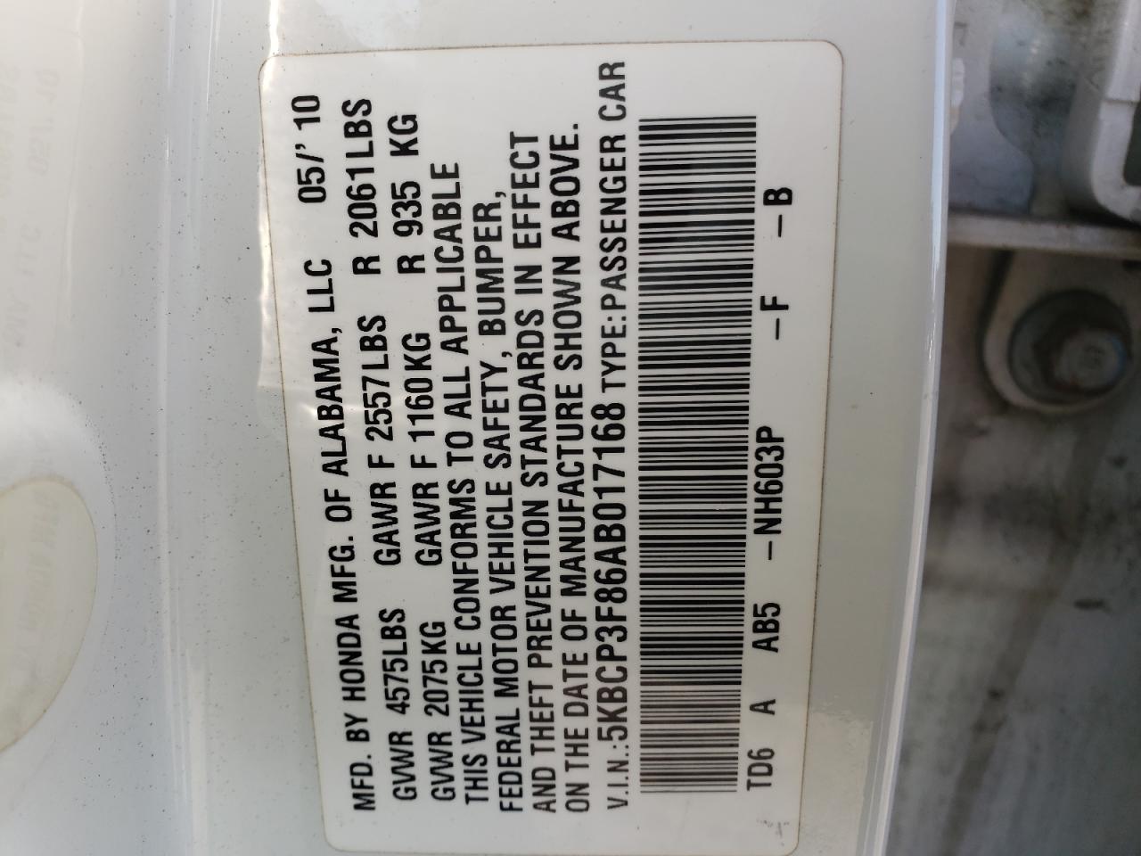 Photo 10 from auction – 2010 HONDA ACCORD EXL with VIN 5KBCP3F86AB017168