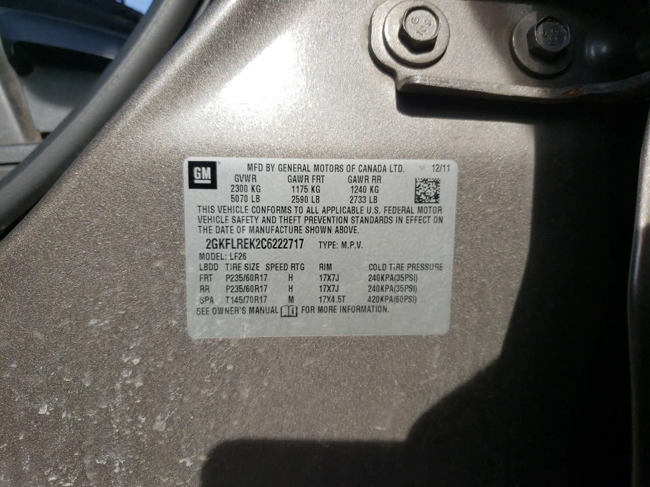 Photo 10 from auction – 2012 GMC TERRAIN SL with VIN 2GKFLREK2C6222717
