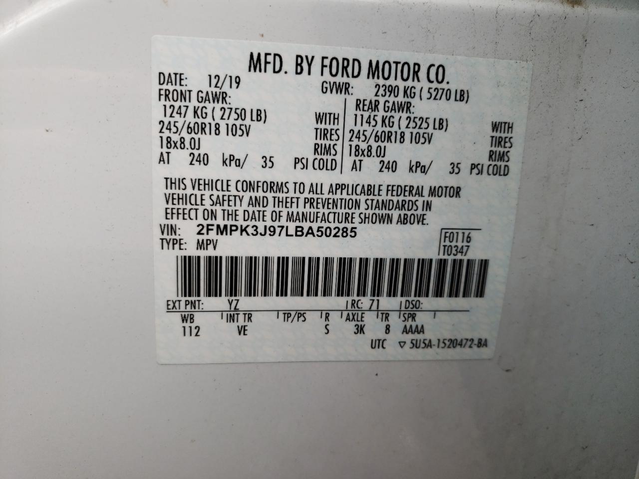 Photo 10 from auction – 2020 FORD EDGE SEL with VIN 2FMPK3J97LBA50285