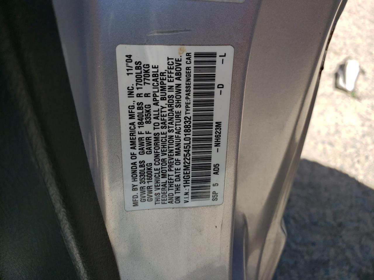 Photo 10 from auction – 2005 HONDA CIVIC LX with VIN 1HGEM22545L018832