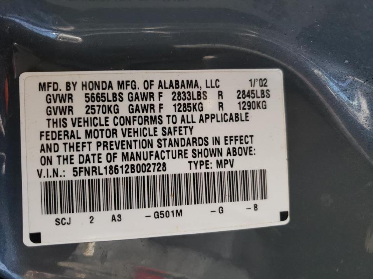 Photo 19 from auction – 2002 HONDA ODYSSEY EX with VIN 5FNRL18612B002728