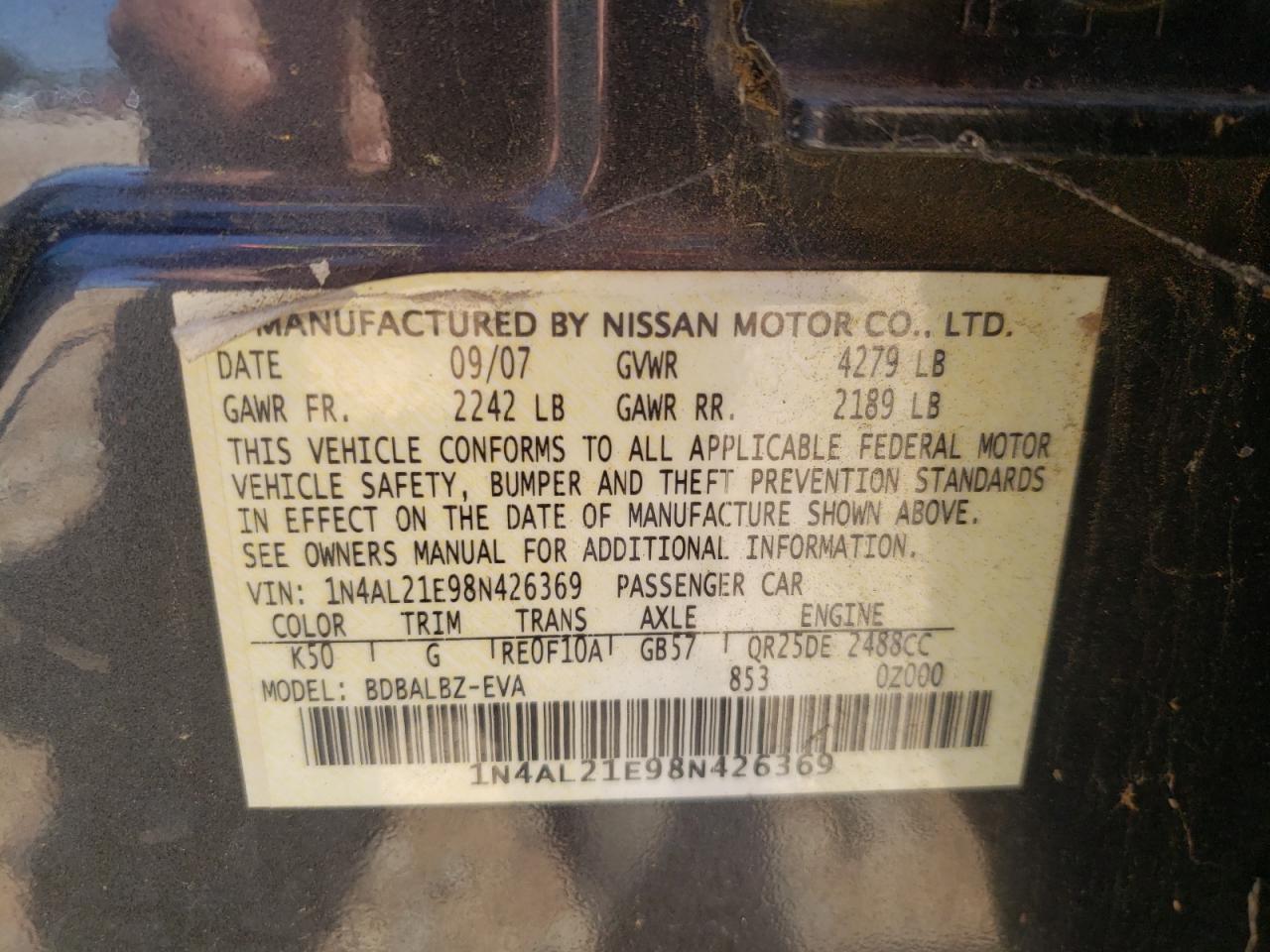Photo 10 from auction – 2008 NISSAN ALTIMA 2.5 with VIN 1N4AL21E98N426369
