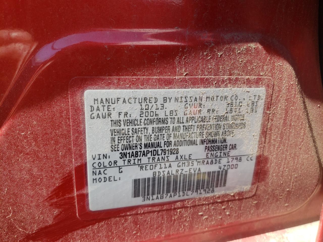 Photo 10 from auction – 2013 NISSAN SENTRA S with VIN 3N1AB7AP1DL791928