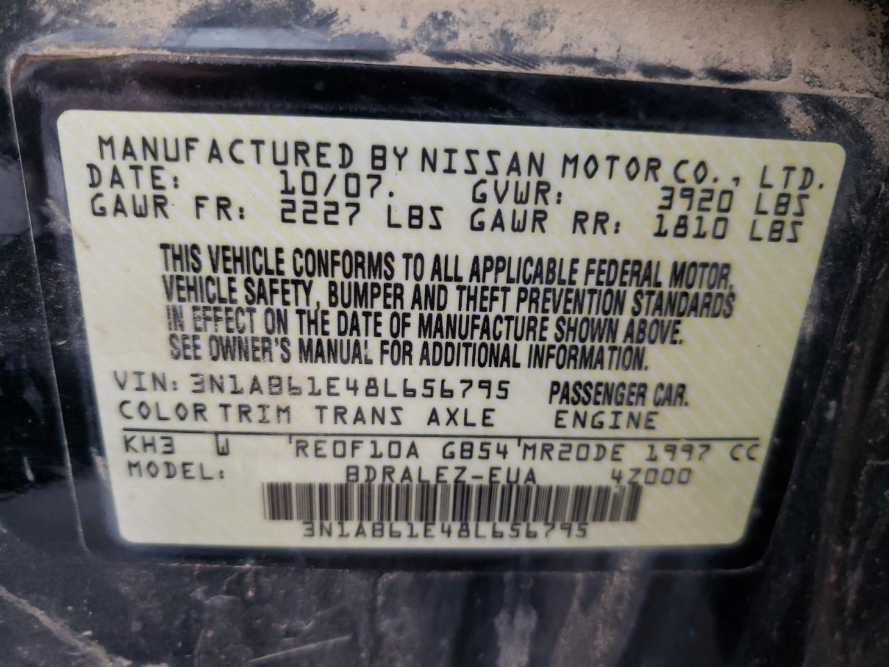 Photo 10 from auction – 2008 NISSAN SENTRA 2.0 with VIN 3N1AB61E48L656795