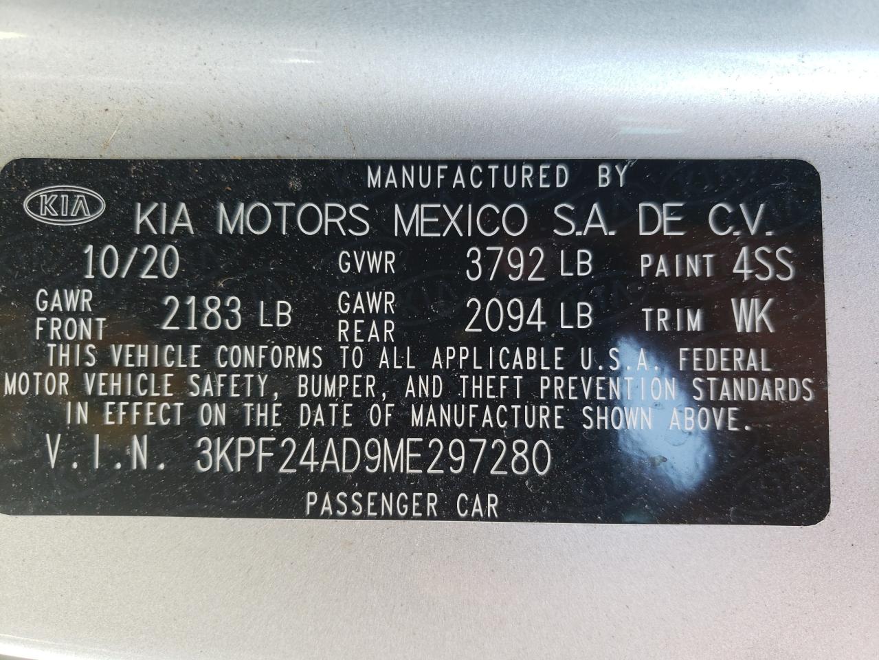 Photo 10 from auction – 2021 KIA FORTE FE with VIN 3KPF24AD9ME297280