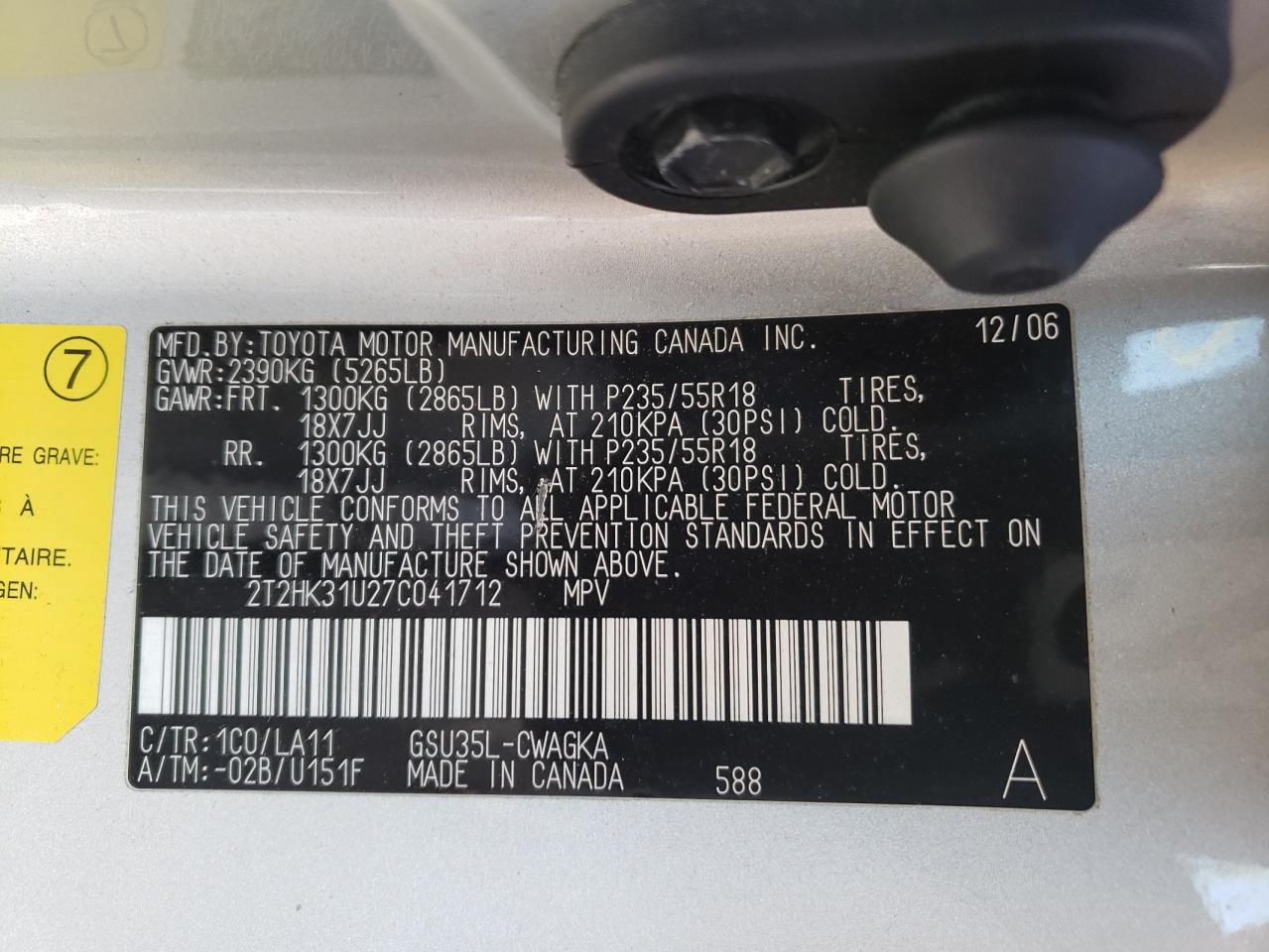 Photo 10 from auction – 2007 LEXUS RX 350 with VIN 2T2HK31U27C041712