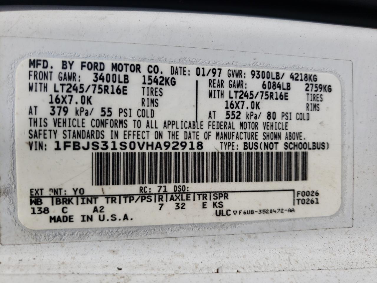 Photo 10 from auction – 1997 FORD ECONOLINE with VIN 1FBJS31S0VHA92918