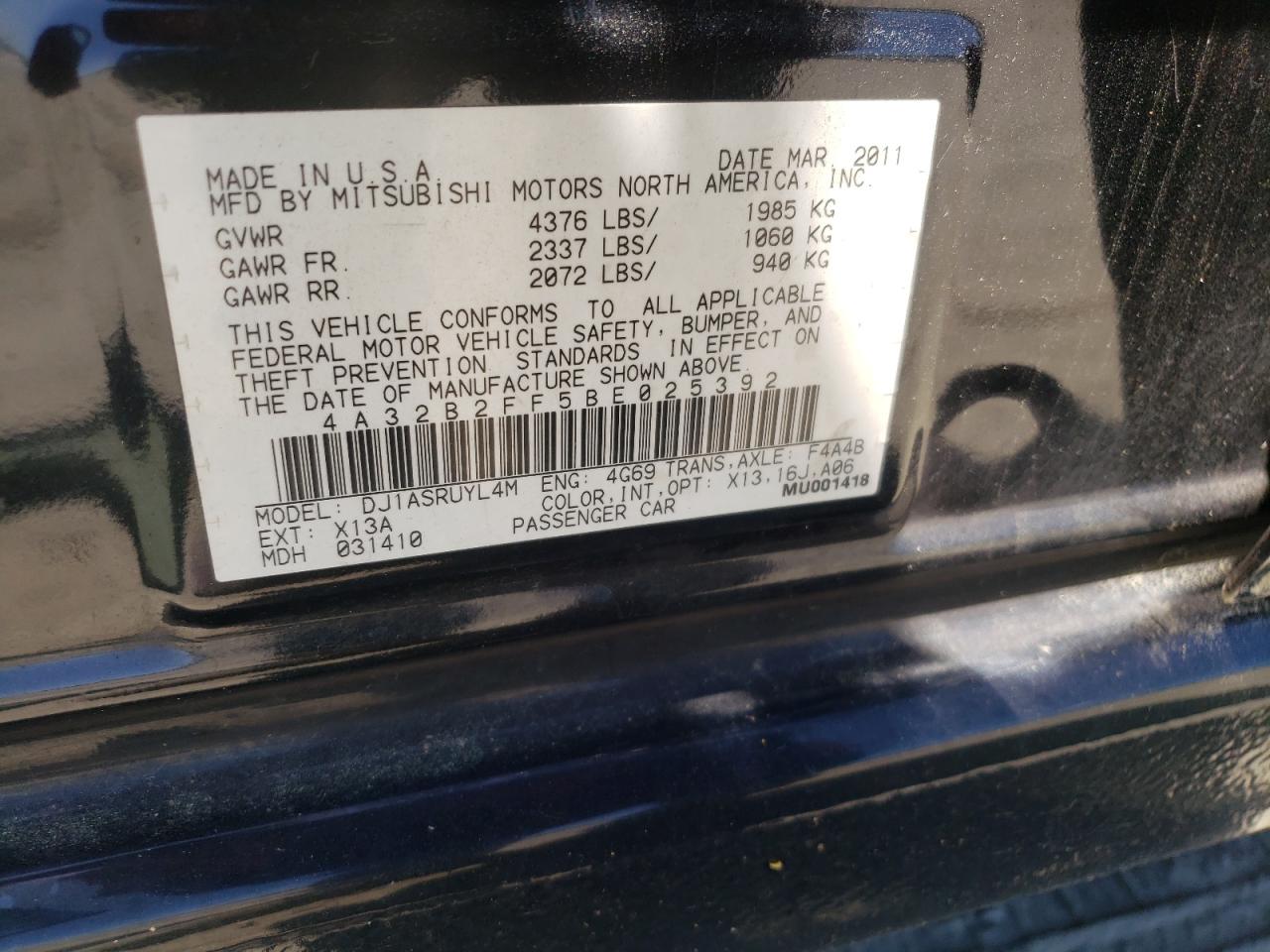 Photo 10 from auction – 2011 MITSUBISHI GALANT FE with VIN 4A32B2FF5BE025392