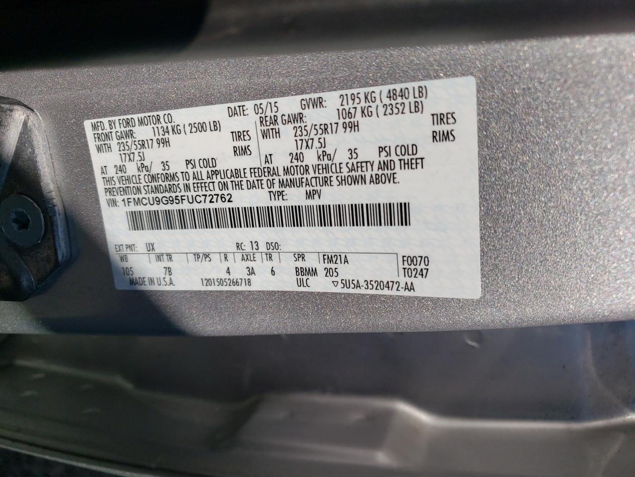 Photo 10 from auction – 2015 FORD ESCAPE SE with VIN 1FMCU9G95FUC72762