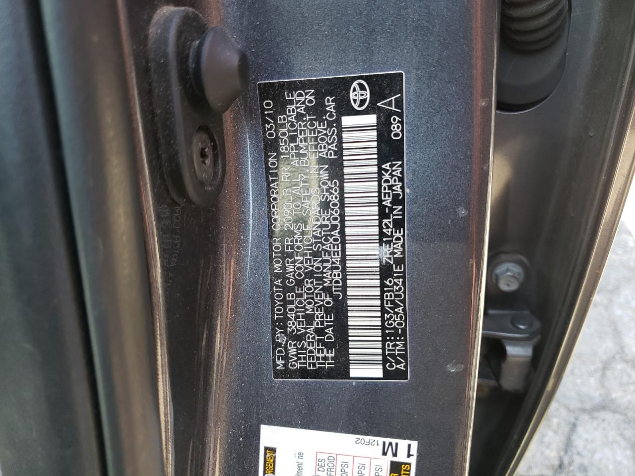 Photo 10 from auction – 2010 TOYOTA COROLLA BA with VIN JTDBU4EE0AJ060865