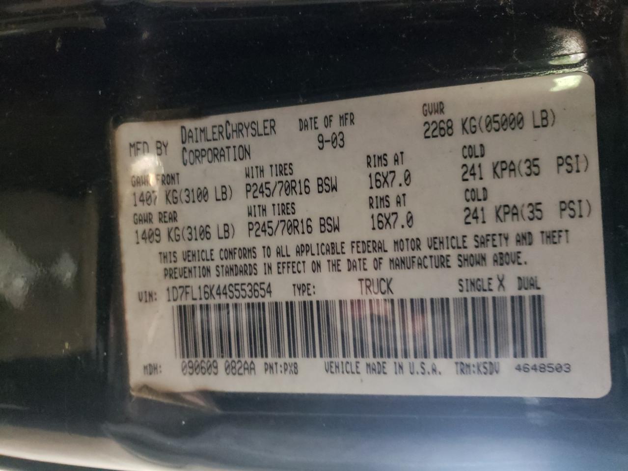 Photo 10 from auction – 2004 DODGE DAKOTA SXT with VIN 1D7FL16K44S553654