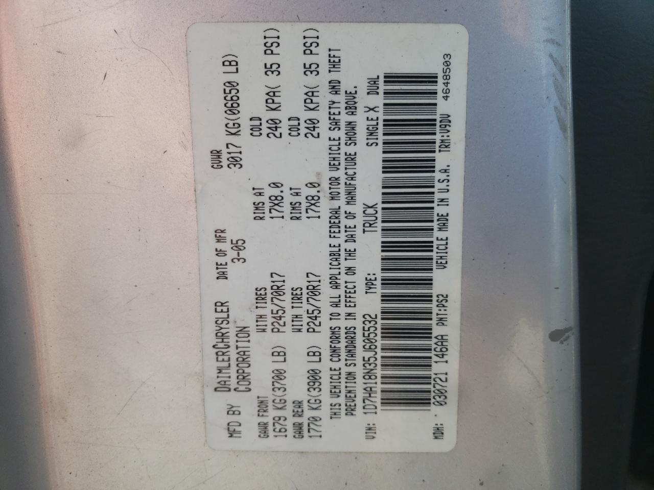 Photo 10 from auction – 2005 DODGE RAM 1500 S with VIN 1D7HA18N35J605532