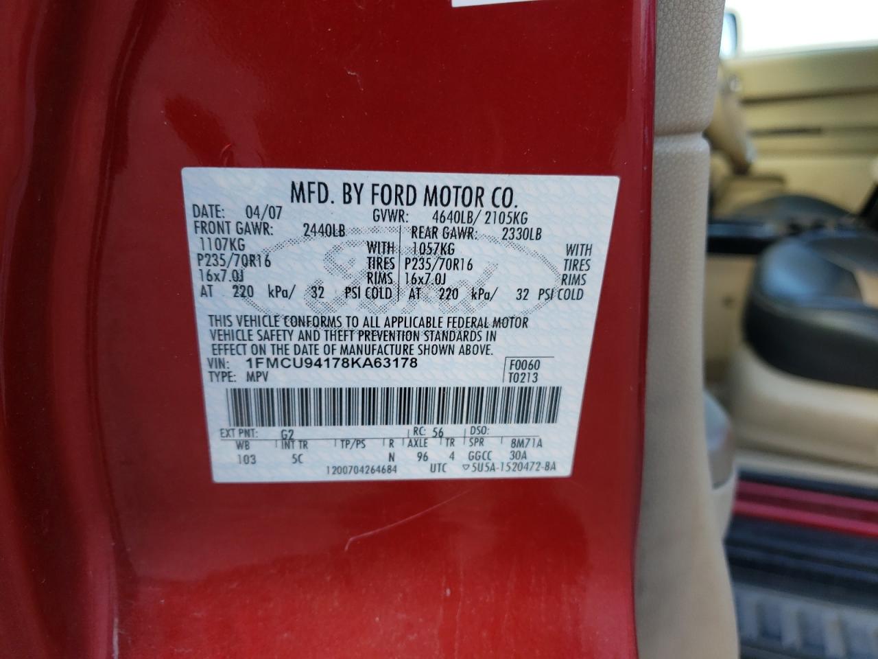 Photo 10 from auction – 2008 FORD ESCAPE LIM with VIN 1FMCU94178KA63178