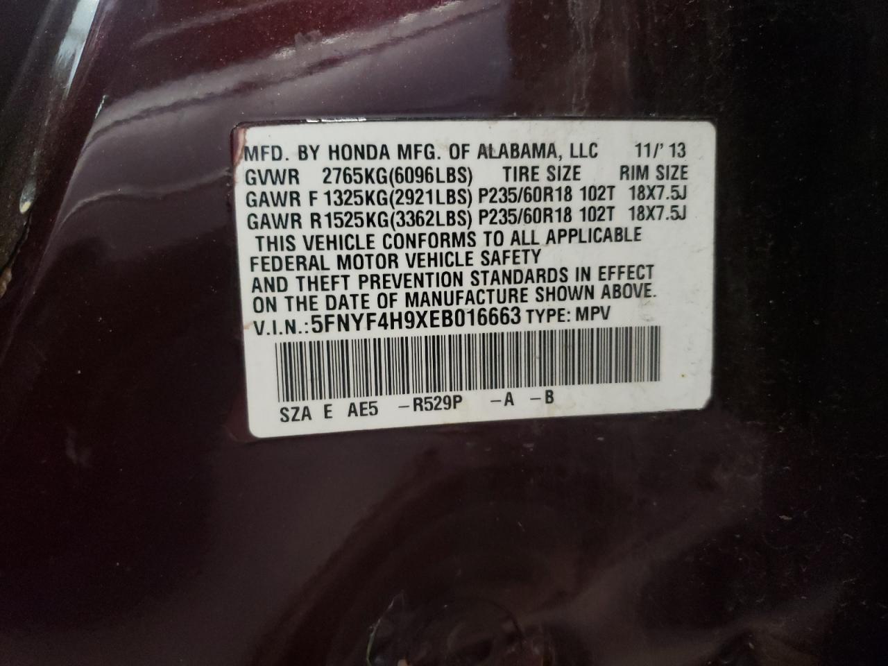 Photo 10 from auction – 2014 HONDA PILOT TOUR with VIN 5FNYF4H9XEB016663