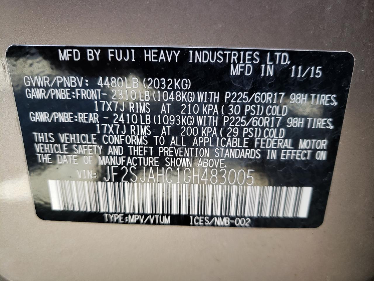 Photo 10 from auction – 2016 SUBARU FORESTER 2 with VIN JF2SJAHC1GH483005