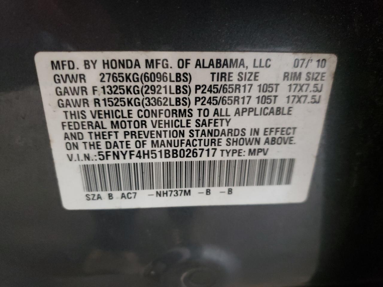 Photo 10 from auction – 2011 HONDA PILOT EXL with VIN 5FNYF4H51BB026717