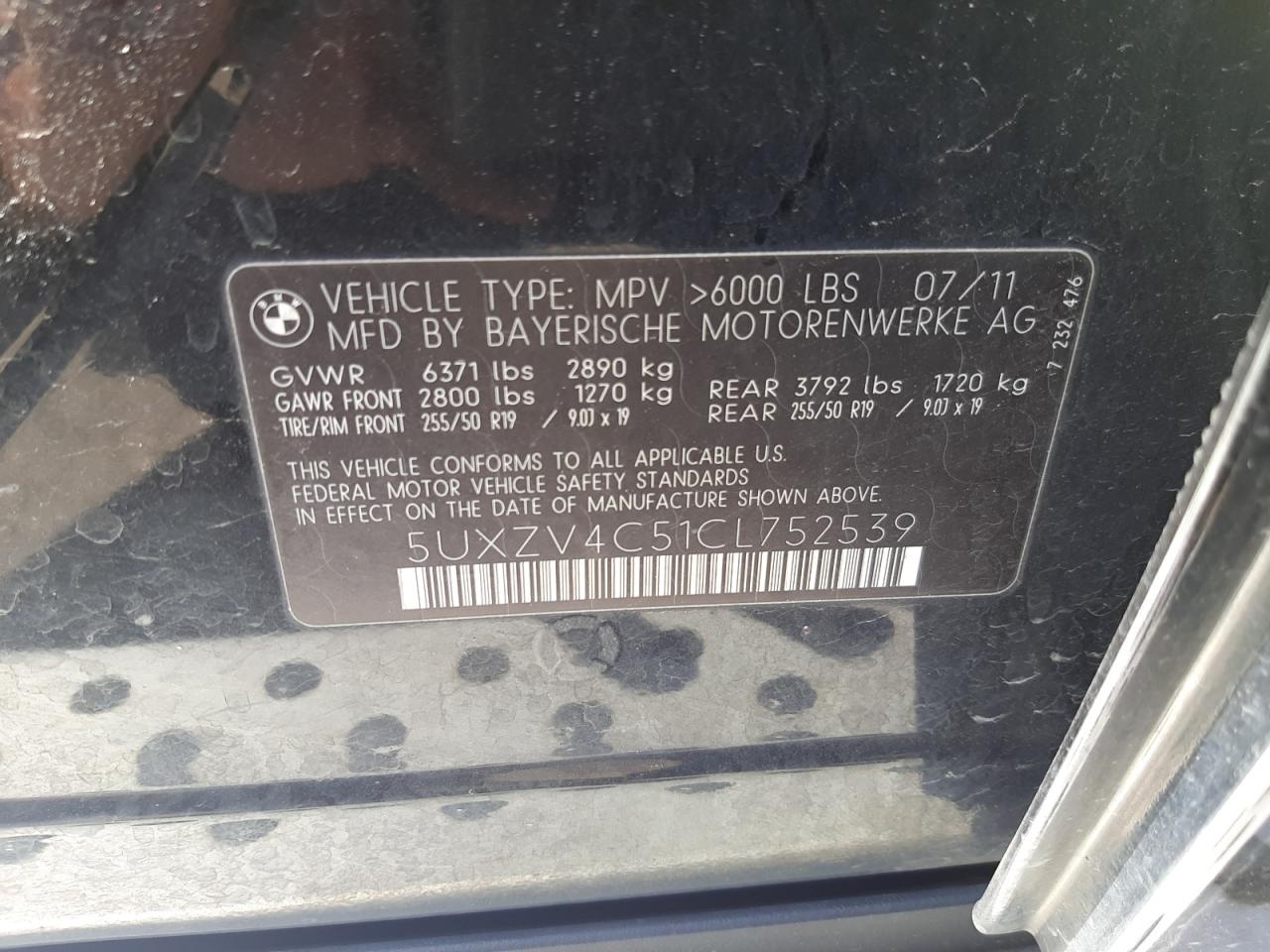 Photo 10 from auction – 2012 BMW X5 XDRIVE3 with VIN 5UXZV4C51CL752539