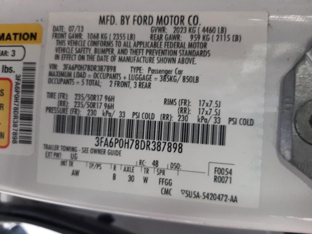 Photo 10 from auction – 2013 FORD FUSION SE with VIN 3FA6P0H78DR387898