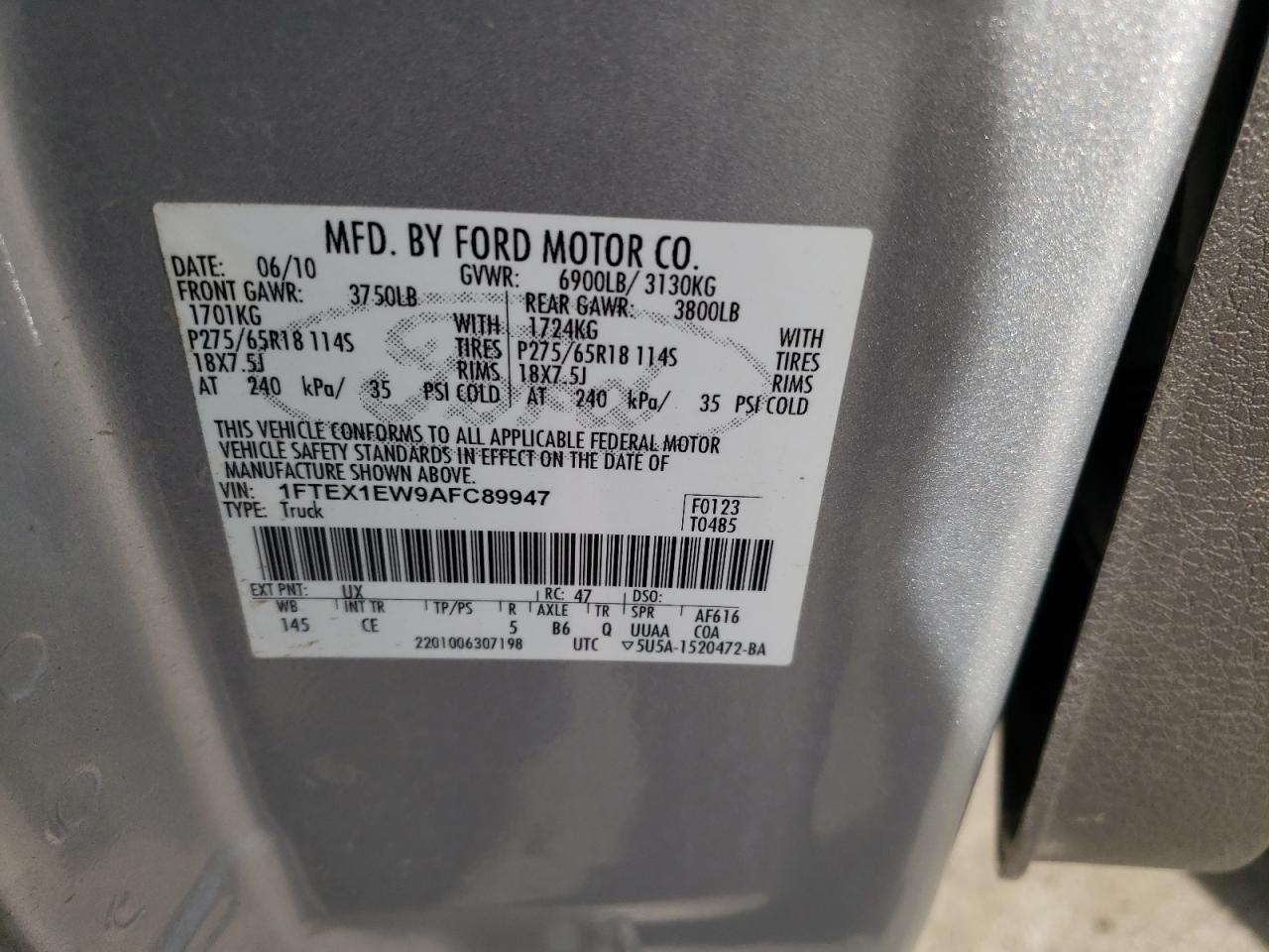Photo 10 from auction – 2010 FORD F150 SUPER with VIN 1FTEX1EW9AFC89947