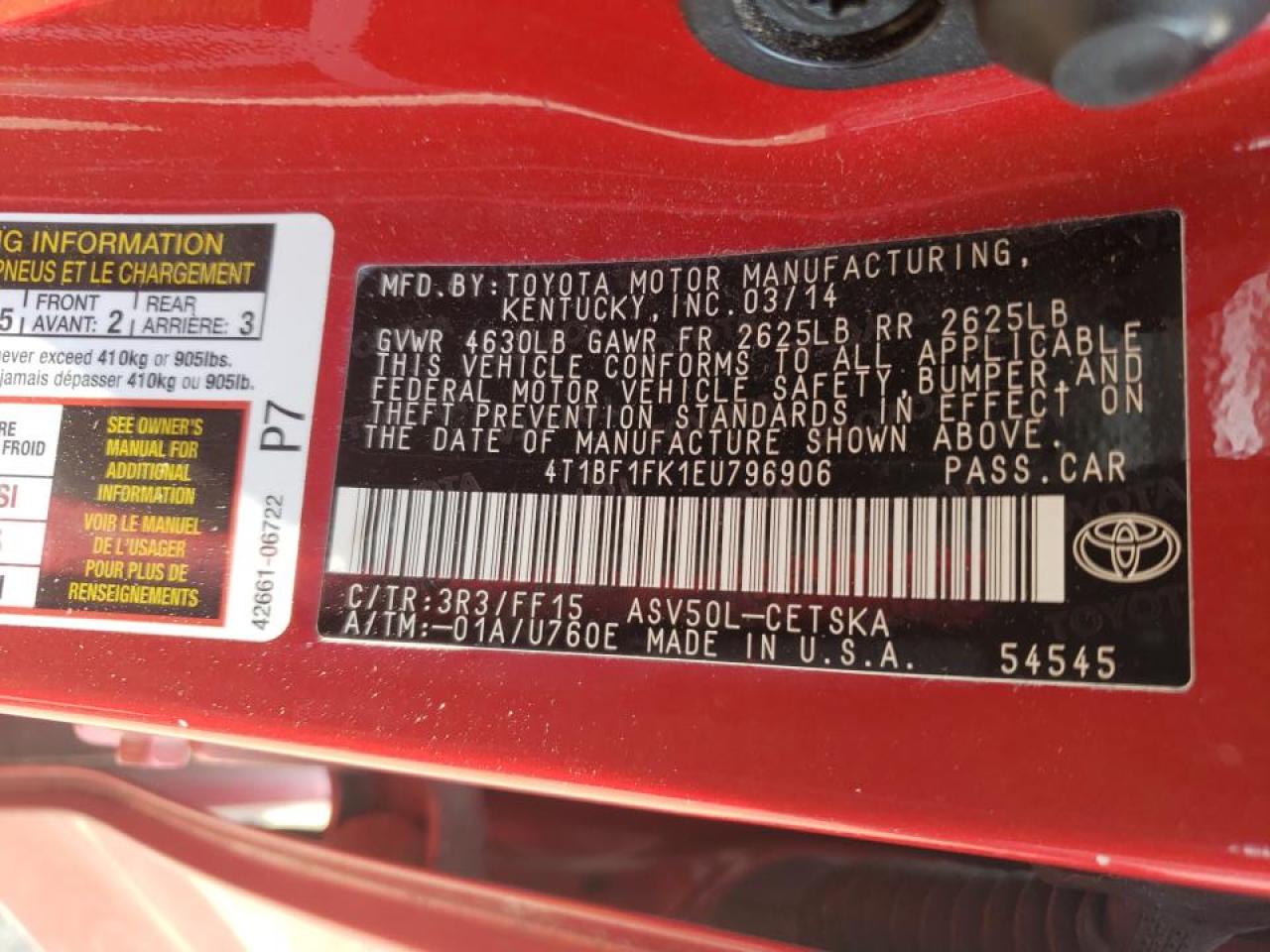 Photo 10 from auction – 2014 TOYOTA CAMRY L with VIN 4T1BF1FK1EU796906