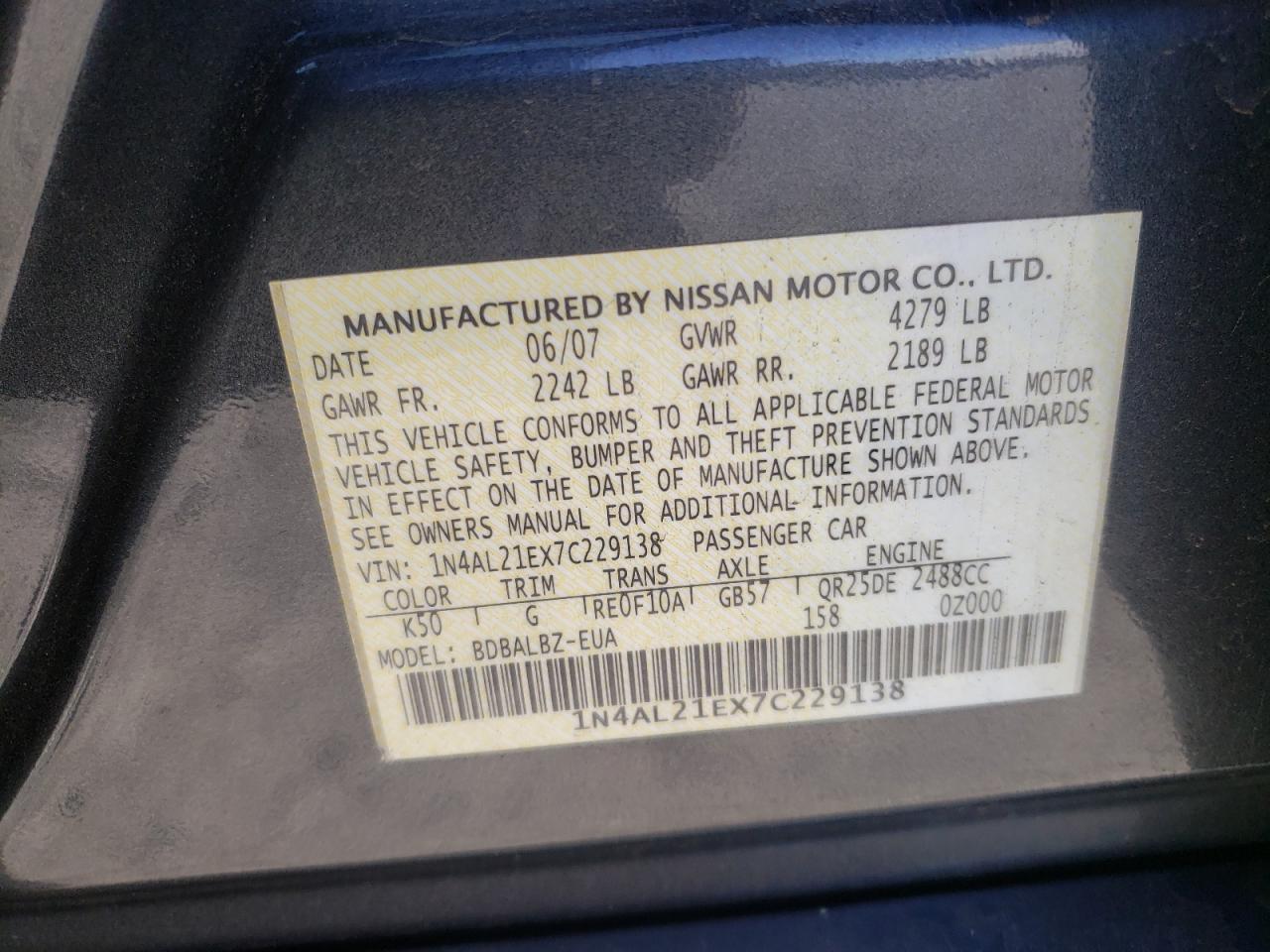 Photo 10 from auction – 2007 NISSAN ALTIMA 2.5 with VIN 1N4AL21EX7C229138