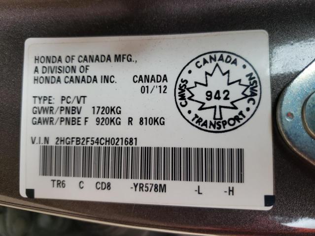 Photo 10 from auction – 2012 HONDA CIVIC LX with VIN 2HGFB2F54CH021681