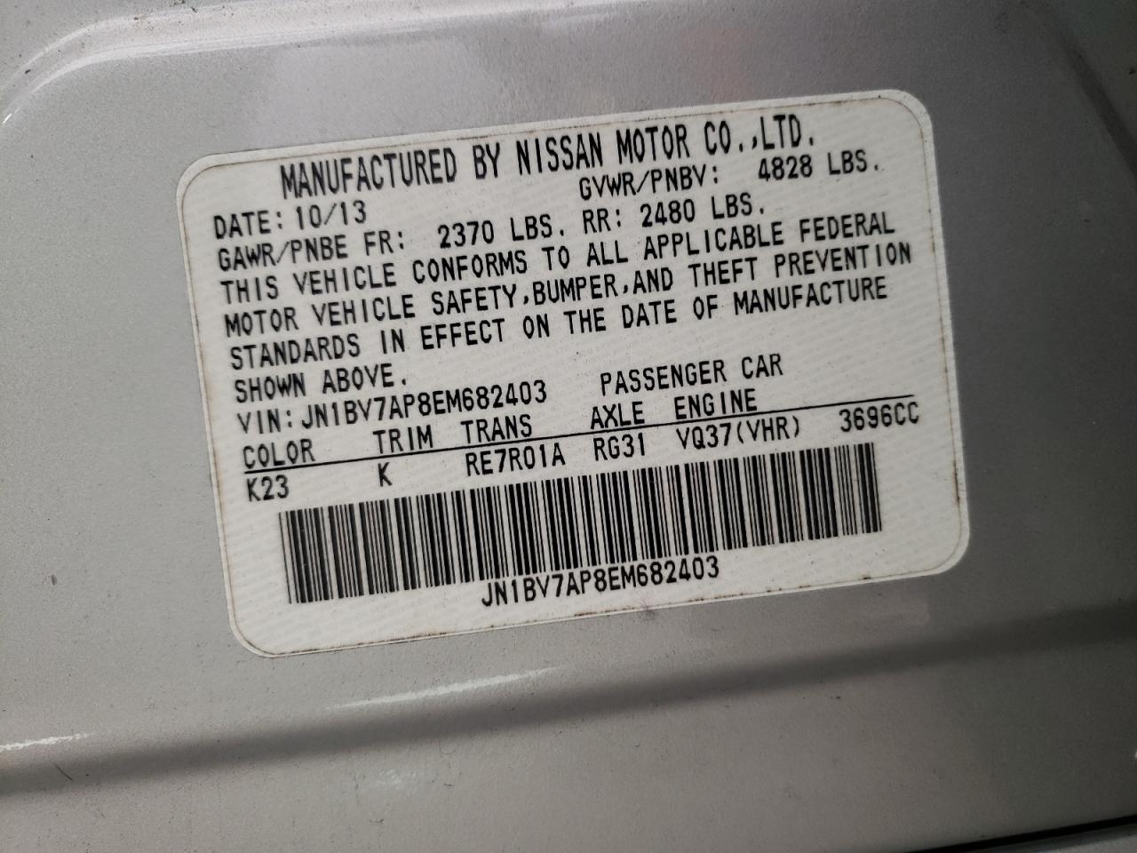 Photo 10 from auction – 2014 INFINITI Q50 BASE with VIN JN1BV7AP8EM682403