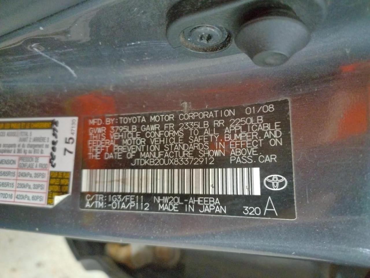 Photo 10 from auction – 2008 TOYOTA PRIUS with VIN JTDKB20UX83372912