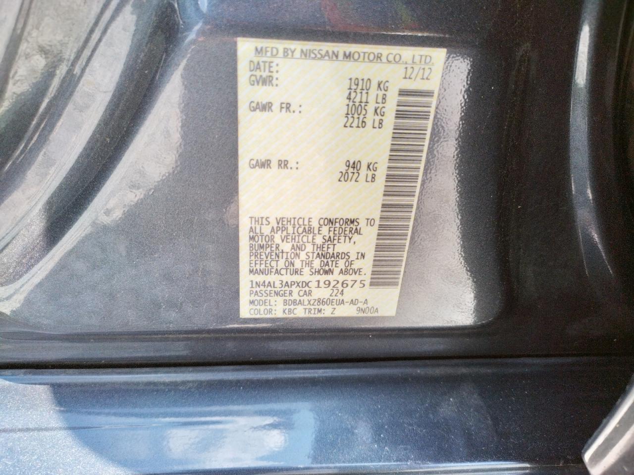 Photo 10 from auction – 2013 NISSAN ALTIMA 2.5 with VIN 1N4AL3APXDC192675